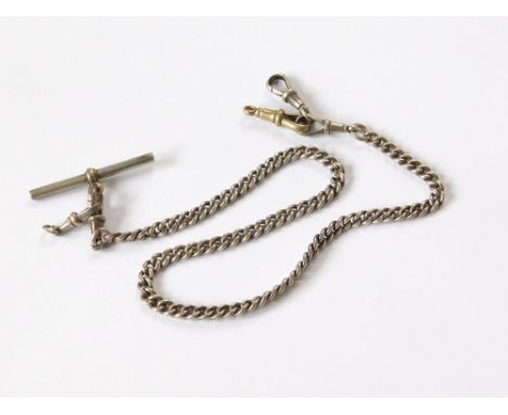 WATCH CHAIN. A silver watch chain hung a silver plated T-bar & various unrelated clips.  Please note that all items in this a