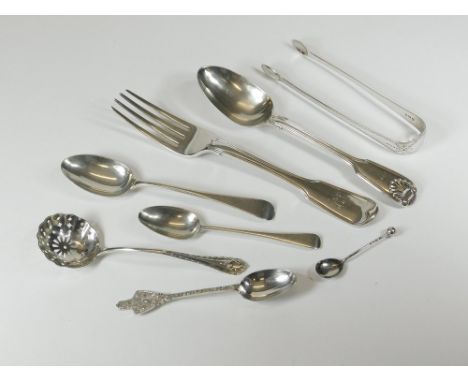 MISCELLANEOUS FLATWARE. Including a Georgian fiddle & thread pattern table fork, a pair of bright cut sugar tongs, a Victoria