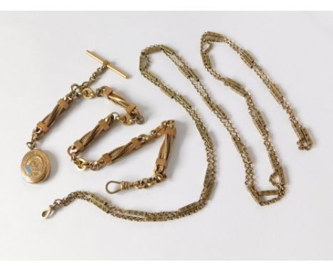 WATCH CHAINS. A substantial 19th century gold plated watch chain with locket fob. Also, a gold plated longuard chain.  Please