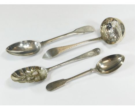 SILVER SPOONS. A George III Scottish silver, fiddle pattern tablespoon by Robert Gray & Son. Edinburgh 1805. Also, a berry sp