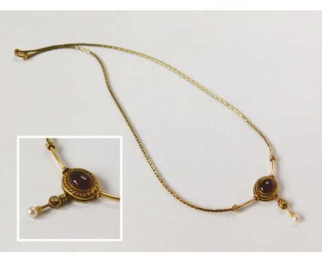 GARNET NECKLACE. A 9ct. gold necklace, set a garnet, a diamond & a cultured pearl.  Please note that all items in this auctio