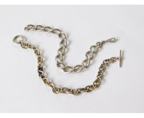 WATCH CHAINS. A large link silver curb link watch chain with clip & one other white metal watch chain with T-bar.  Please not