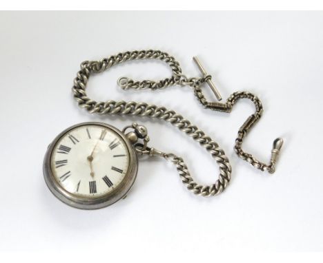 WATCH & CHAIN. A mid Victorian silver pair cased pocket watch, the outer case & watch dated London 1861. The fusee movement n