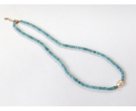 PEARL NECKLACE. A faceted aquamarine & baroque cultured pearl necklace.  Please note that all items in this auction are previ