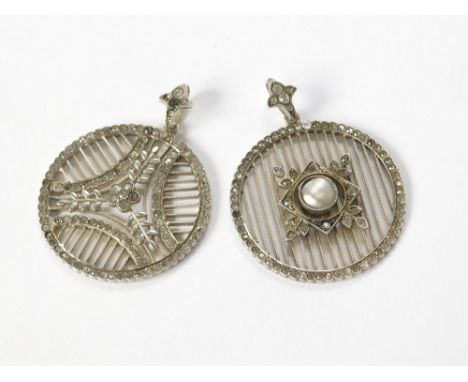 PASTE PENDANTS. Two continental 935 Standard silver pendants, both set with paste, one with a grey pearl.  Please note that a