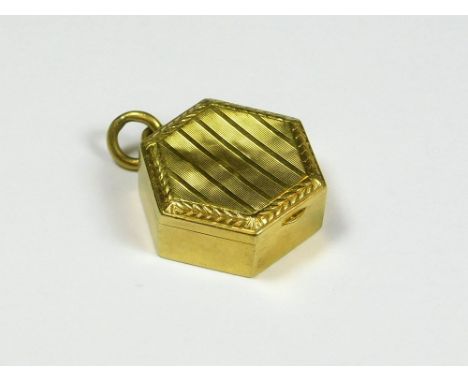 ASPREY. An 18ct. gold Asprey & Co., hexagonal pill box with 18ct. gold suspension ring. Approx. 8g. (Lid with some slight cre