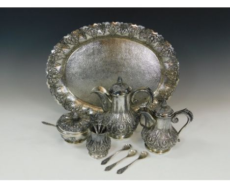 INDONESIAN TEA SERVICE. An Indonesian (Java) 835 Standard tea service, comprising an oval tray, teapot, hot water jug, covere