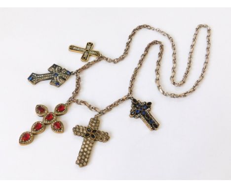 PASTE CROSSES. Five various paste set crosses, three stamped 925 silver. All hung on a long silver chain.  Please note that a