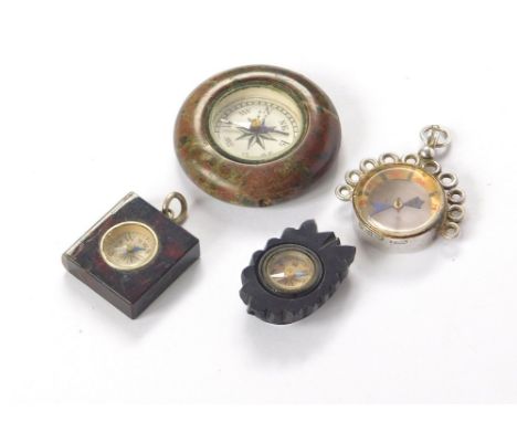 WATCH FOBS ETC. Two compass watch fobs, one silver mounted, the other in Cornish Serpentine. Also, one other Cornish Serpenti