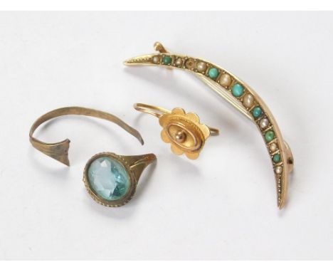 SCRAP GOLD. A 9ct. gold half pearl & turquoise brooch & a little scrap gold.  Please note that all items in this auction are 