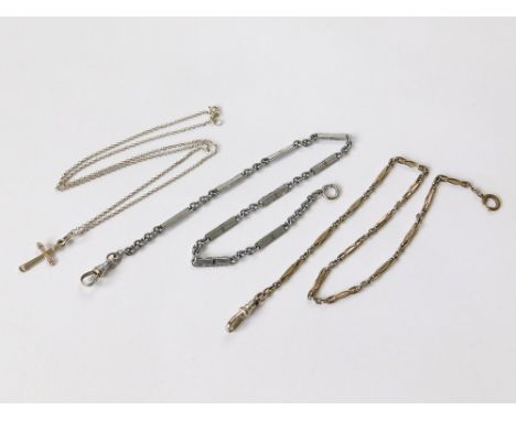 WATCH CHAINS ETC. Two metal watch chains, one chromium plated & a cross & chain.  Please note that all items in this auction 