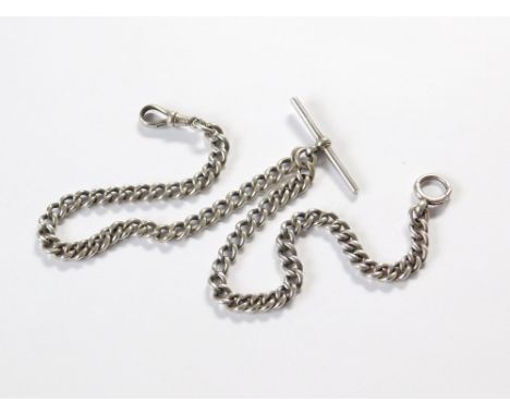 WATCH CHAIN. A silver watch chain with bolt ring, T-bar & clip.  Please note that all items in this auction are previously ow