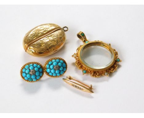 GOLD LOCKET ETC. A 9ct. gold mounted photograph locket, set with half pearls & turquoise. Also, a Victorian turquoise & diamo