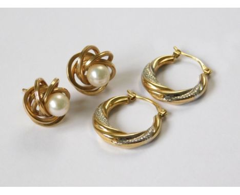 GOLD EARRINGS. A pair of 9ct. gold & cultured pearl stud earrings & a pair of 9ct. white & yellow gold hoop earrings. Gross w