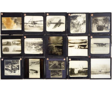 A quantity of magic lantern slides, featuring early aircraft, engines, interiors and related diagrams, etc, early 20th c (app