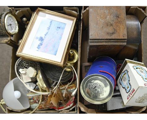 A 1930's oak smoker's cabinet, 33cm h, a Smiths oak mantle clock, an oak desk stand and two whisky bells, etc  