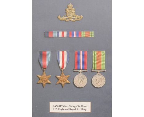 WWII, four, 1939-1945 Star, France and Germany Star, Defence Medal and War Medal, attributed to 1630917 Gnr George W Hunt 113