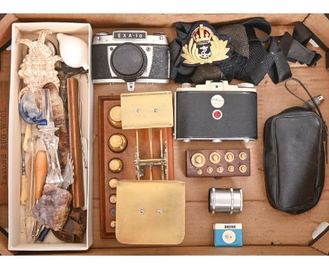 A set of Victorian brass postal scales and weights, Royal Navy regalia, vintage cameras, needlework tools, etc  