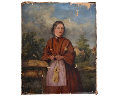 British School, early 20th c - Portrait of a Farmgirl, signed with monogram WHW, oil on canvas, 56 x 46cm, unframed  Canvas l