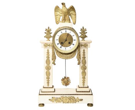 A French brass mounted statutory marble portico clock, 19th c, the drum cased bell striking movement with enamel chapter ring