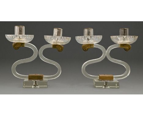 A pair of Art Deco giltmetal mounted glass candelabra, c1930's, 27cm h, 26cm w  Good condition