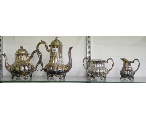 A Victorian four-piece Britannia metal tea and coffee service, of melon form, coffee pot 24cm h  Good condition