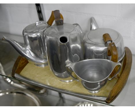 A Picquot Ware tea and coffee service, c1950 and an engraved glass vase  