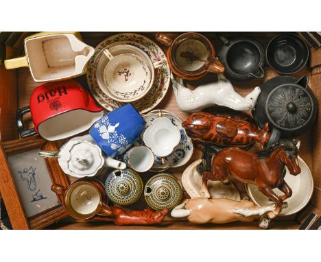 Miscellaneous Staffordshire and other ceramics, to include a 19th c cow creamer, 18th c Delft Ware tile, Wedgwood black basal