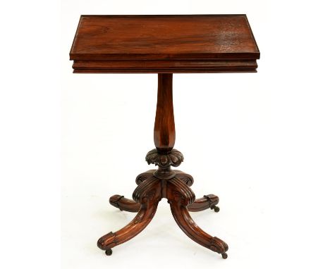 A William IV rosewood lamp table, on grained rosewood pillar and quadruple moulded legs with brass castors, 73cm h; 42.5 x 56