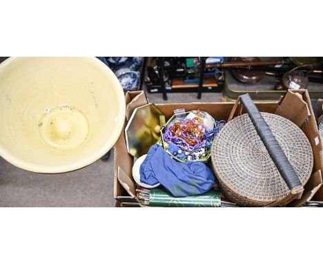 Miscellaneous items, including costume jewellery, a wicker sewing basket and contents, and stoneware basin, 43cm diam  