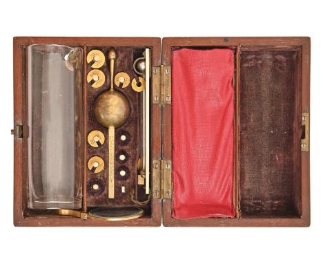 A Sikes' hydrometer, E Cartwright & Son Preston, comprising brass float, ten weights, glass jar, magnifying glass and ivory t