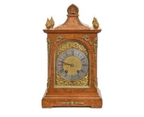 A German walnut clock, early 20th c, Lenzkirch,&nbsp;with gong striking movement, brass dial with silvered chapter ring and b