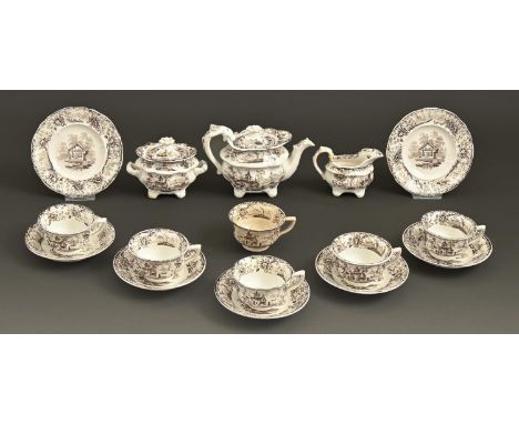A British sepia printed earthenware Cottage pattern toy tea service, c1830-40, teapot and cover 11cm h, printed G and pattern