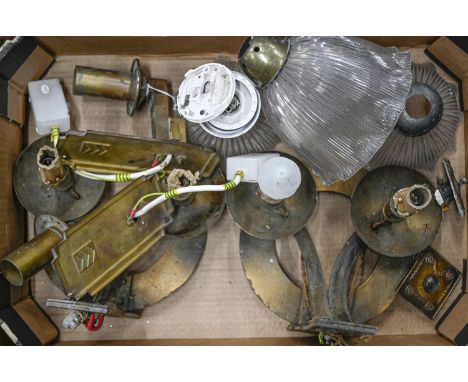 A pair of brass twin branch wall lights, second quarter 20th c, 26.5cm h, a pair of stamped brass single light wall sconces, 