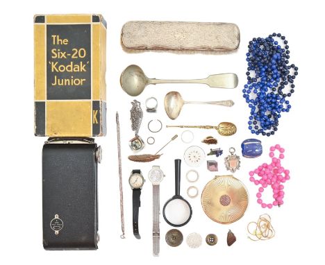 A silver clothes brush, a Stratton compact and costume jewellery, including a silver watch fob shield and a boxed Kodak Six-2