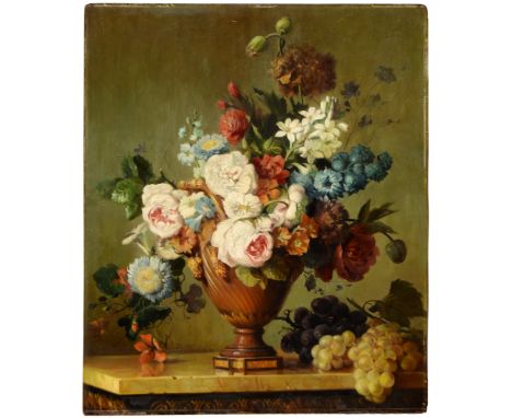 French School, 19th c - Still Life with Flowers in an Urn and Grapes on a Marble Ledge,&nbsp;oil on mahogany panel, 53 x 44cm