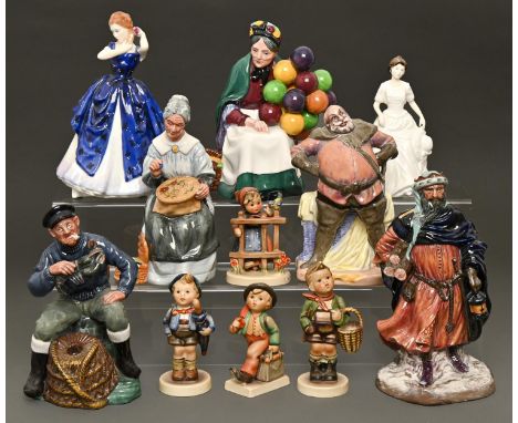 Seven Royal Doulton figures of Good King Wenceslas, Falstaff and others, various sizes and four Goebel figures of children (1