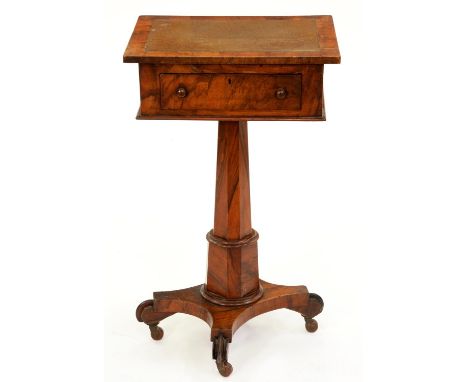 A Victorian walnut pedestal writing table, with adjustable top, drawer and ink drawer, on octagonal pillar, platform and volu