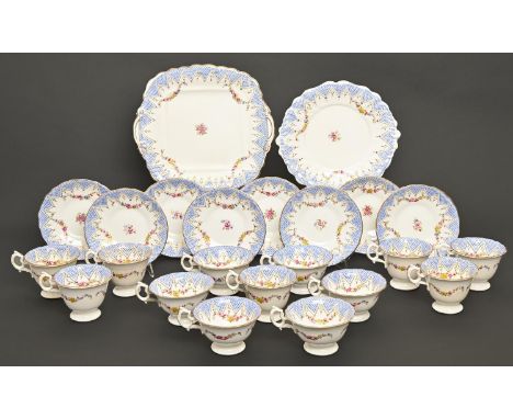 A Samuel Alcock tea and coffee service, c1840, printed and painted with festoons beneath bright blue scale border, the servic