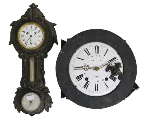 An ornate French cast iron wall clock, barometer and thermometer, late 19th c, 57cm h and a French Comptoir movement and enam