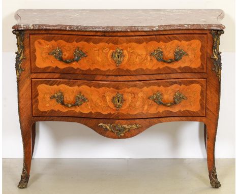 A French kingwood, tulipwood and floral marquetry commode, early 20th c, with ormolu mounts, the marble slab apparently origi