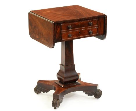 A Victorian mahogany drop leaf work table, on pillar, platform and carved volute feet, 71cm h; 46 x 83cm  Complete and in goo