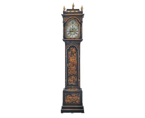 A George II japanned eight day longcase clock, John Davis Windsor, the breakarched brass dial with matted centre, signature m