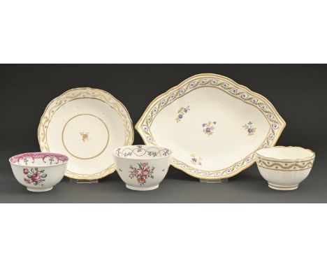 A Derby dish, c1790, enamelled and gilt with a set pattern, 22.5cm l, puce painted mark and pattern No 86, a Caughley white a