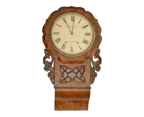 A Victorian walnut trunk dial wall clock, Taffinder Rotherham, 74cm h  Movement unexamined, much dust and dirt, slight damage