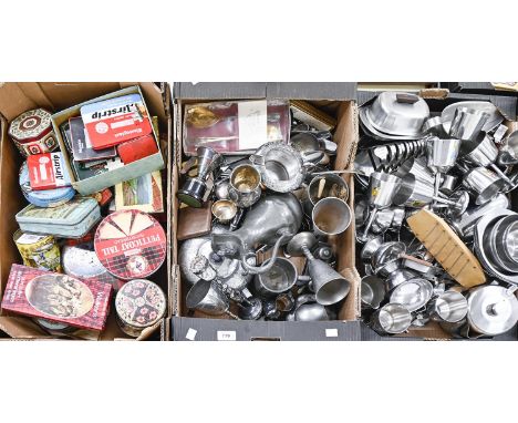 Miscellaneous plated and other metal ware, including a Britannia metal three-piece tea service, a Victorian pewter lidded jug