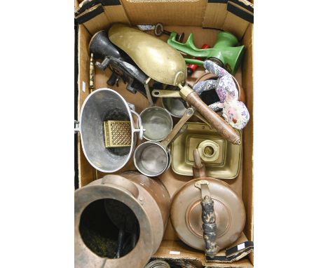 Miscellaneous metalware, including copper milk churn, coffee grinder, kettle, etc  