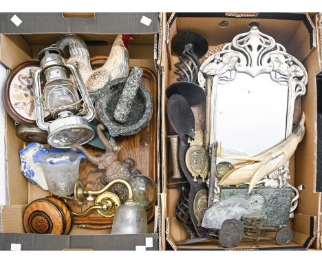 Miscellaneous metalware and other items, including an Art Deco style mirror, horse brasses, postal scales, etc  