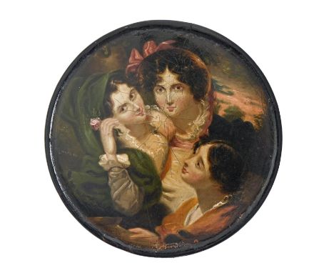 A papier mache snuff box cover&nbsp;by Samuel Raven (1775-1847), painted with The Proposal, after George Henry Harlow, 10cm d