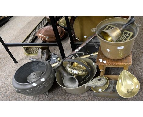 Miscellaneous Victorian and later metalware, including horse hames, brass jam pans, grocer's scales, etc  